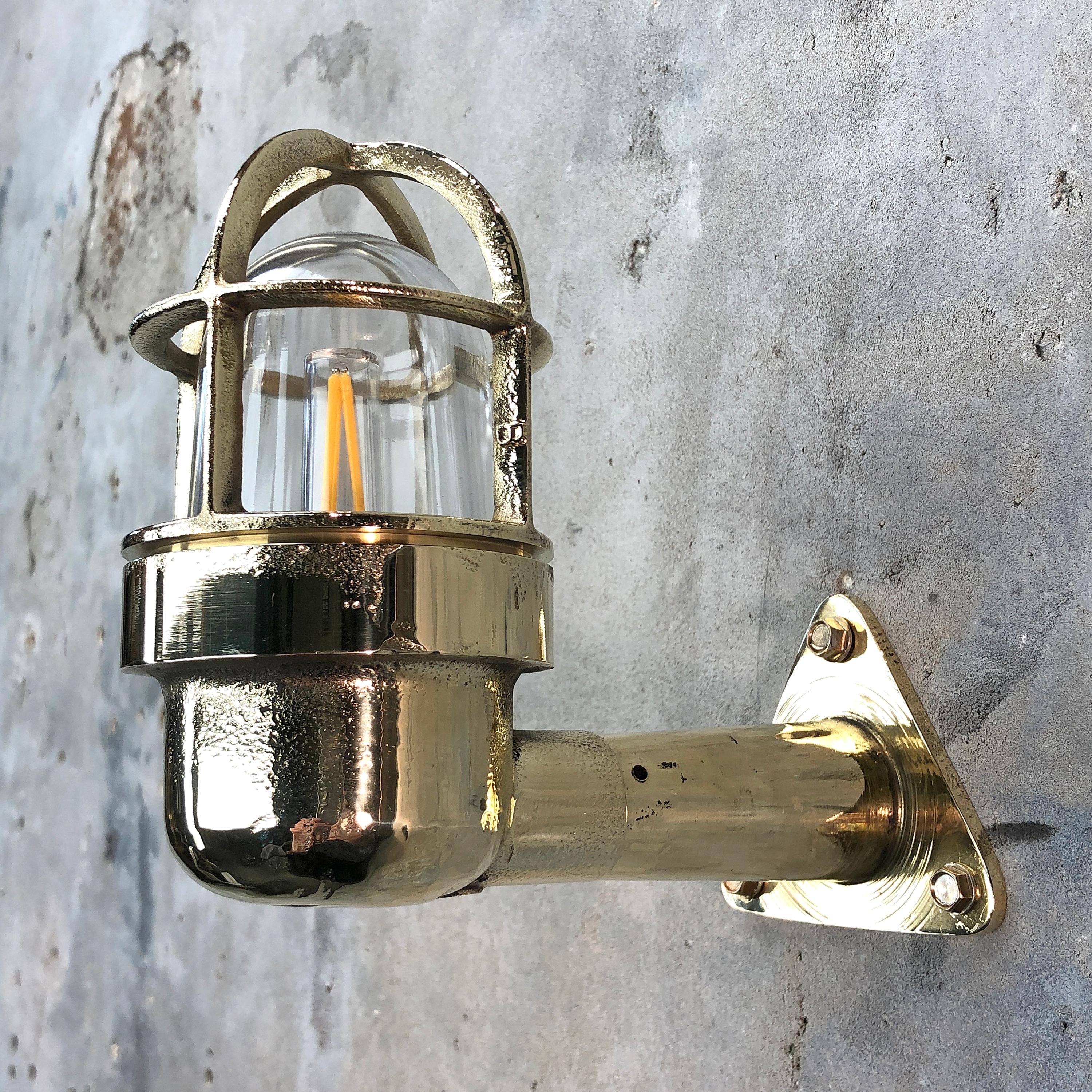 Late Century Small Industrial Brass Wall Light, Glass Dome, Cage, Edison Bulb 7