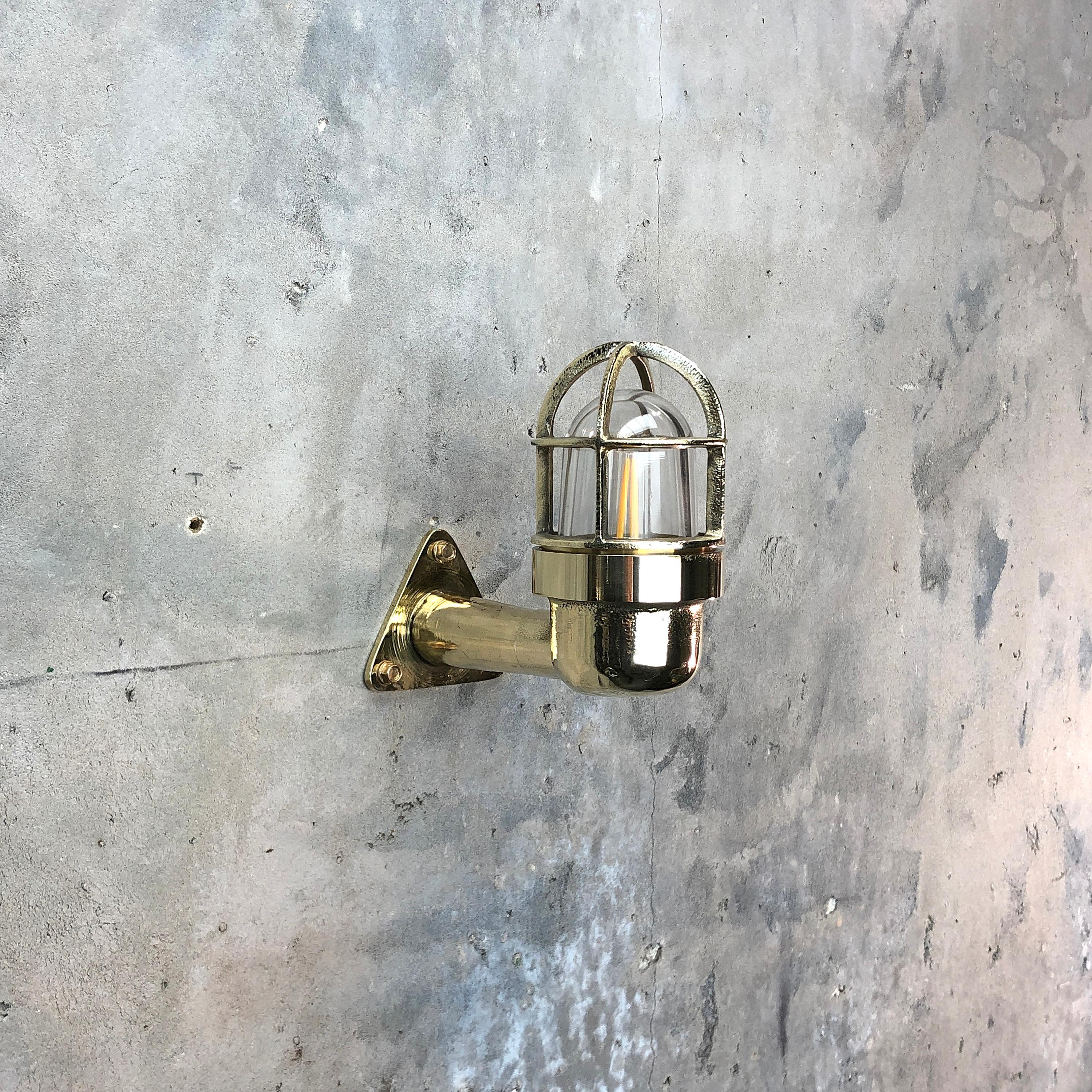 Late Century Small Industrial Brass Wall Light, Glass Dome, Cage, Edison Bulb 8