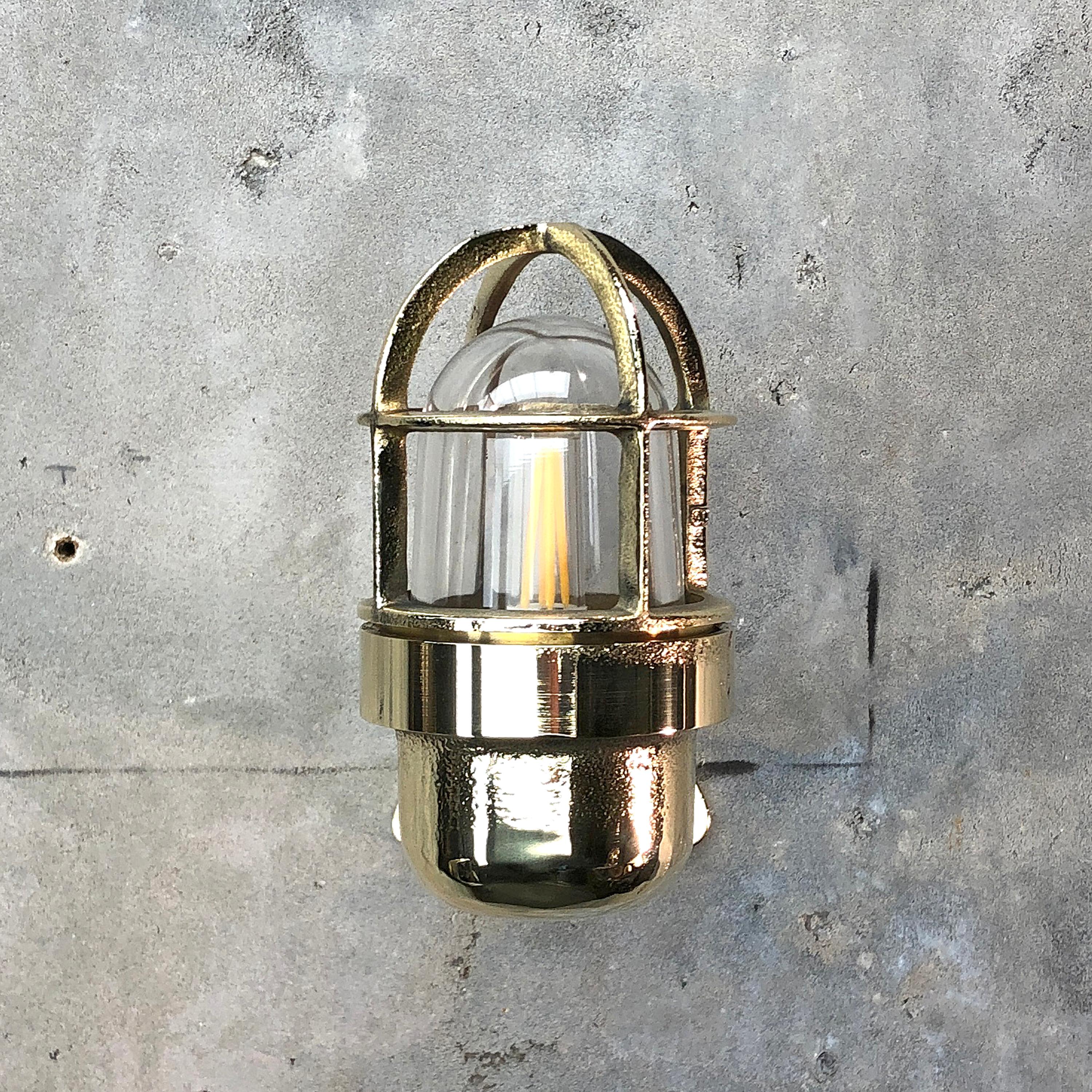 Late Century Small Industrial Brass Wall Light, Glass Dome, Cage, Edison Bulb 9