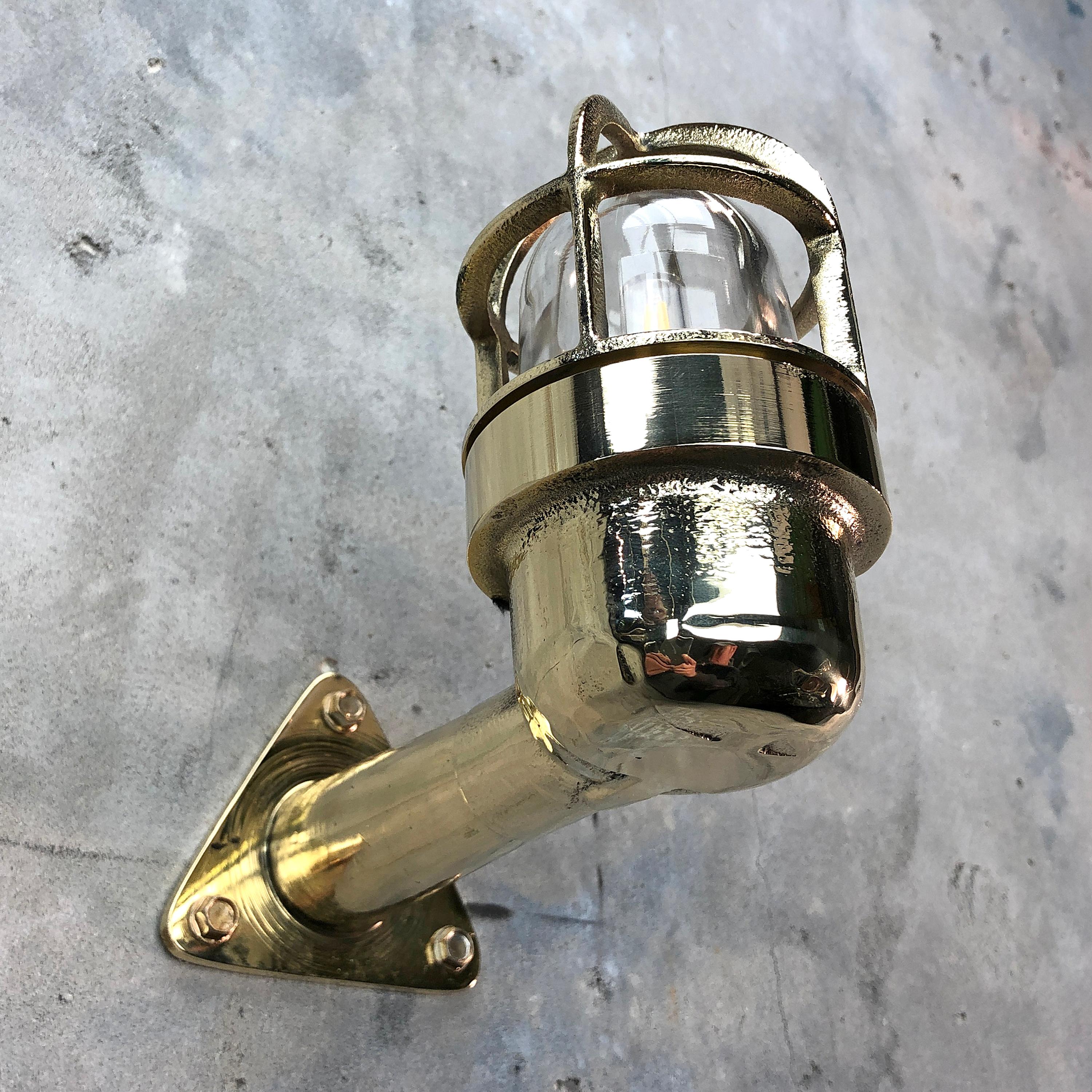 Late Century Small Industrial Brass Wall Light, Glass Dome, Cage, Edison Bulb 10