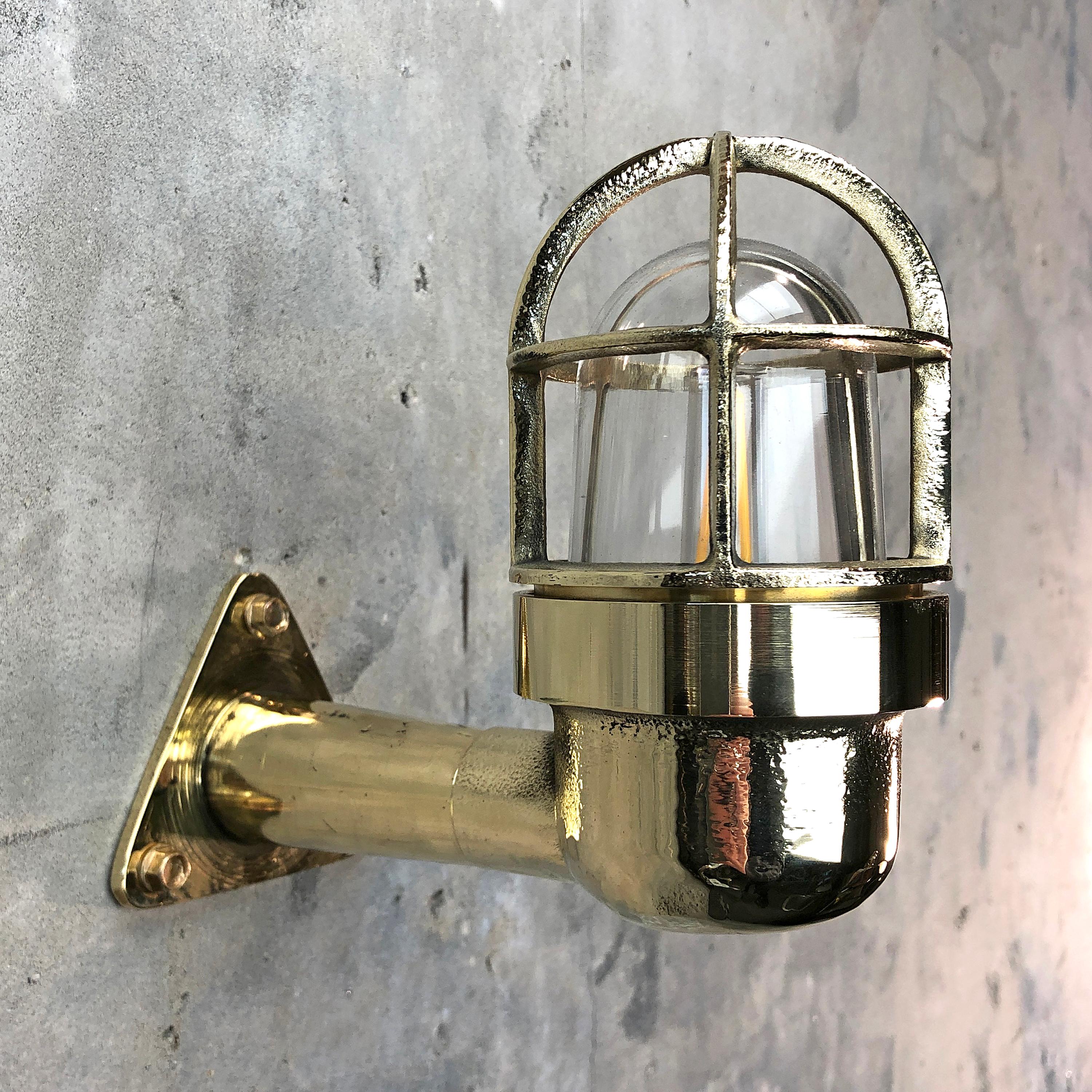 German Late Century Small Industrial Brass Wall Light, Glass Dome, Cage, Edison Bulb