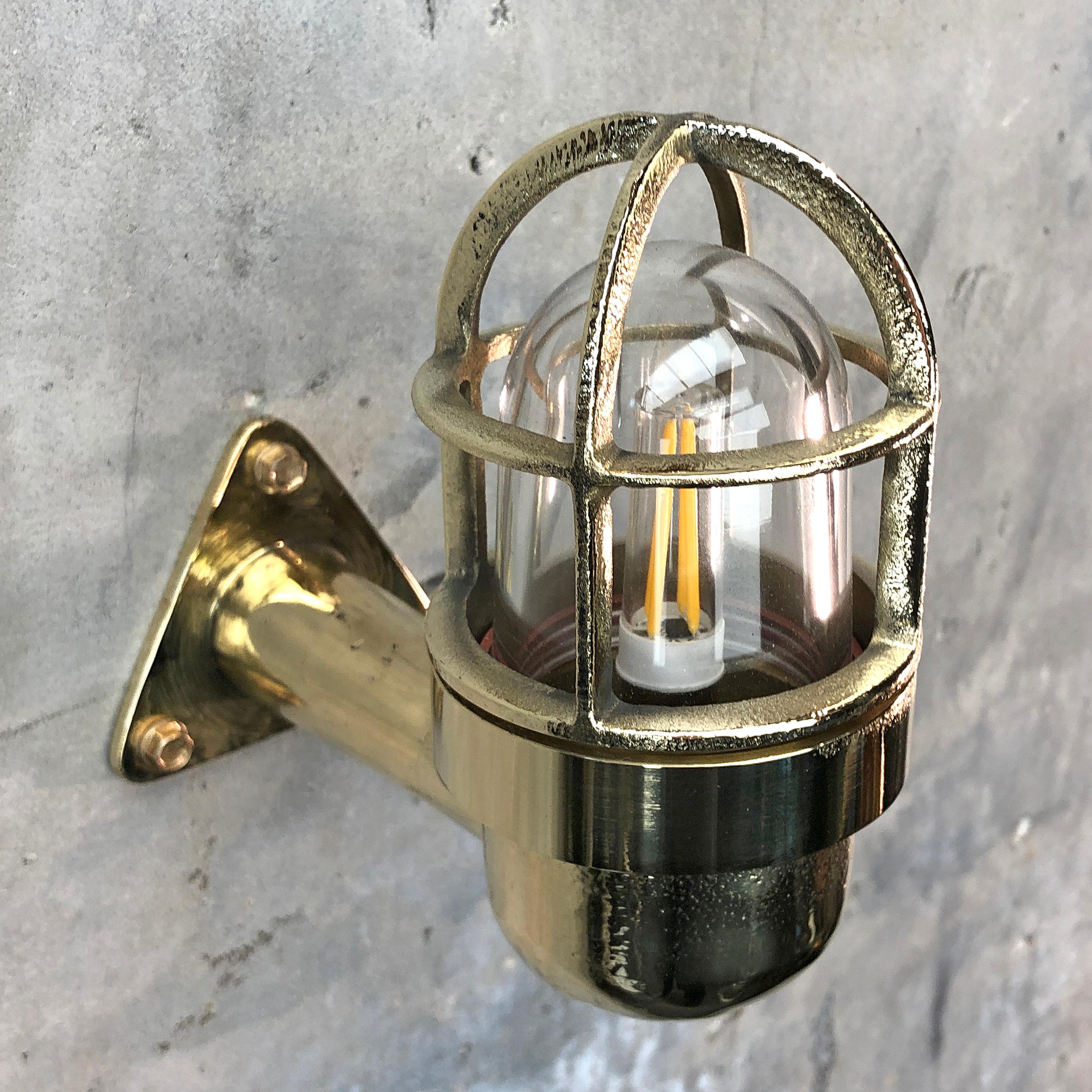 Pressed Late Century Small Industrial Brass Wall Light, Glass Dome, Cage, Edison Bulb