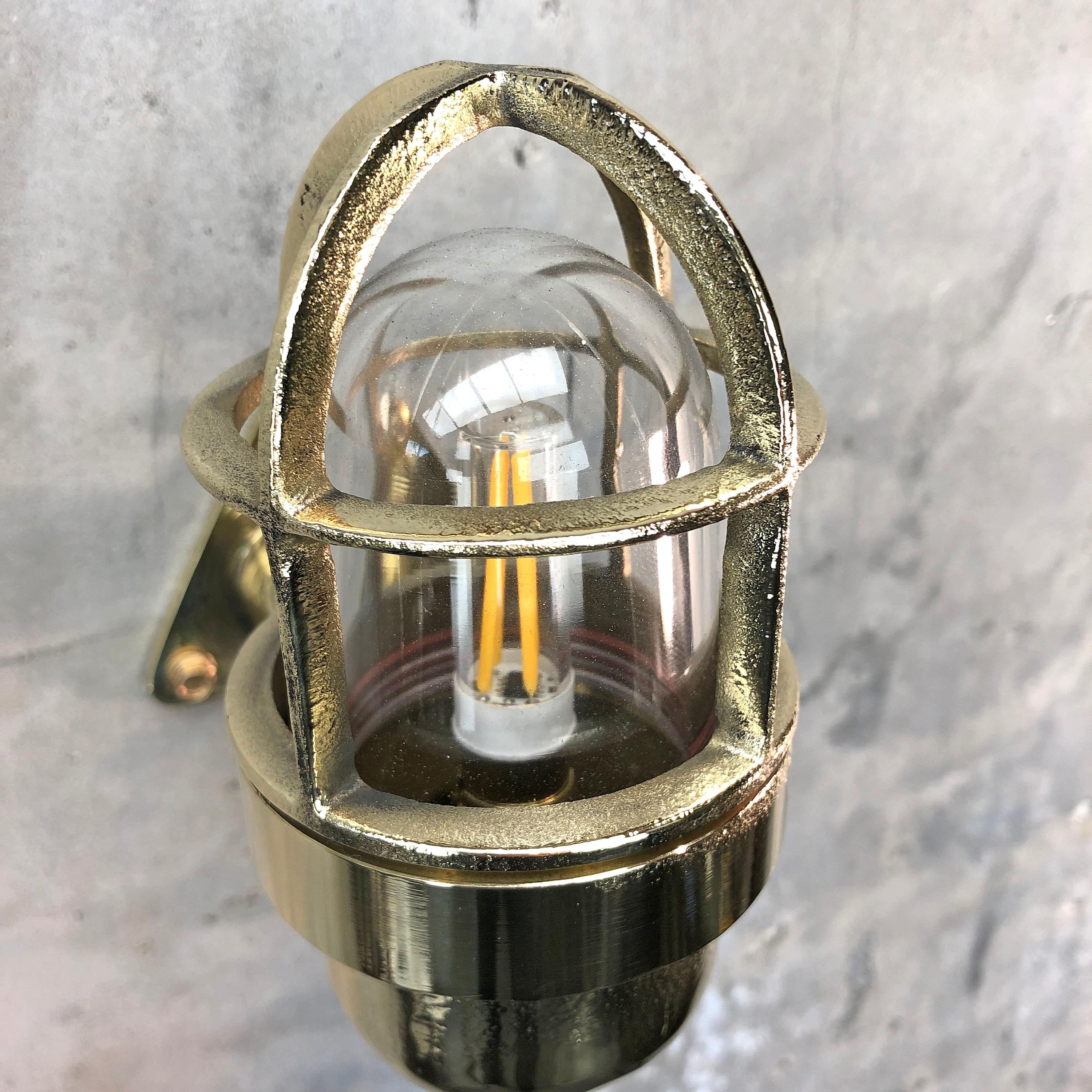 Late Century Small Industrial Brass Wall Light, Glass Dome, Cage, Edison Bulb In Good Condition In Leicester, Leicestershire