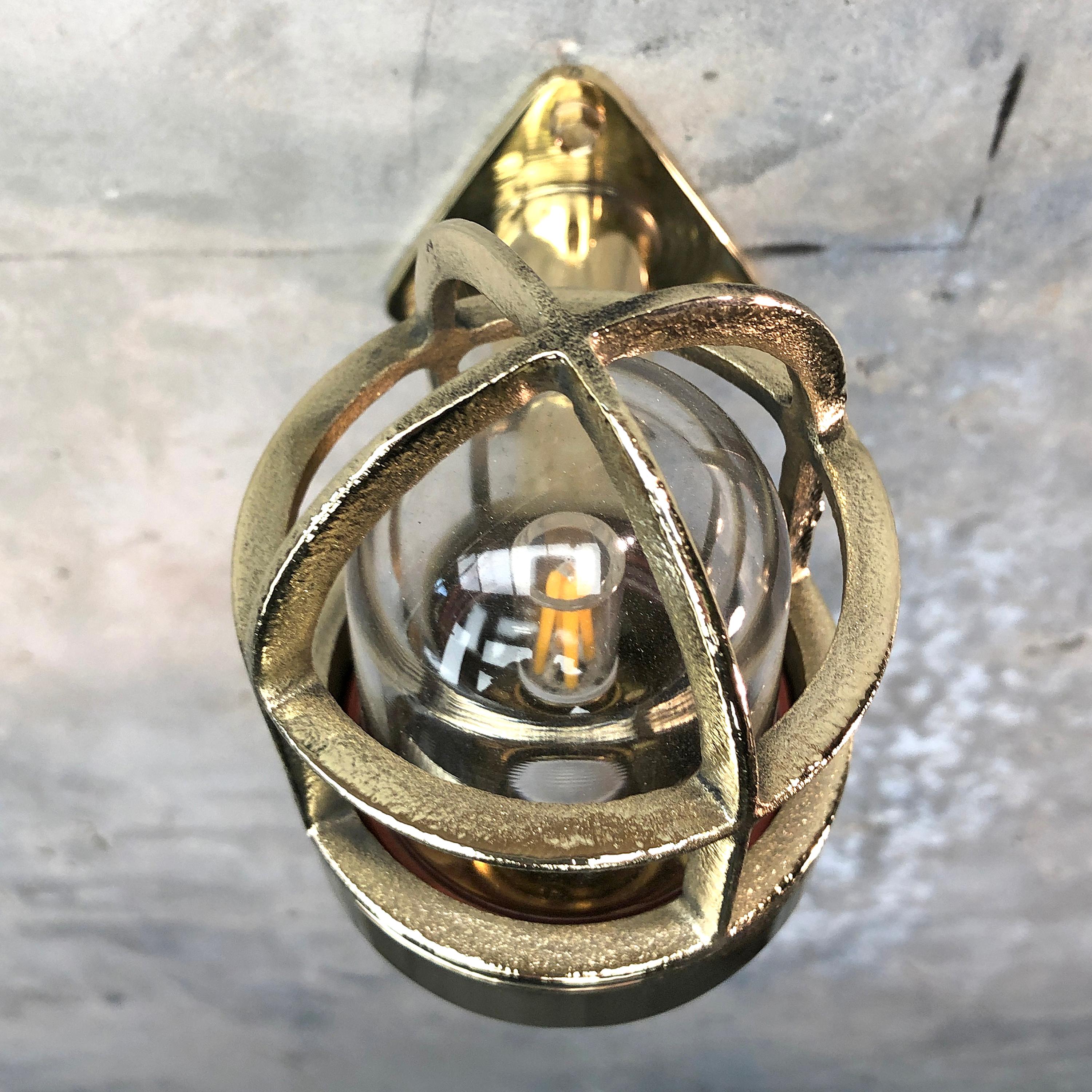 20th Century Late Century Small Industrial Brass Wall Light, Glass Dome, Cage, Edison Bulb