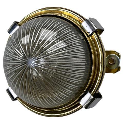 Late Century Small Vintage Industrial Brass Circular Glass Holophane Wall Light