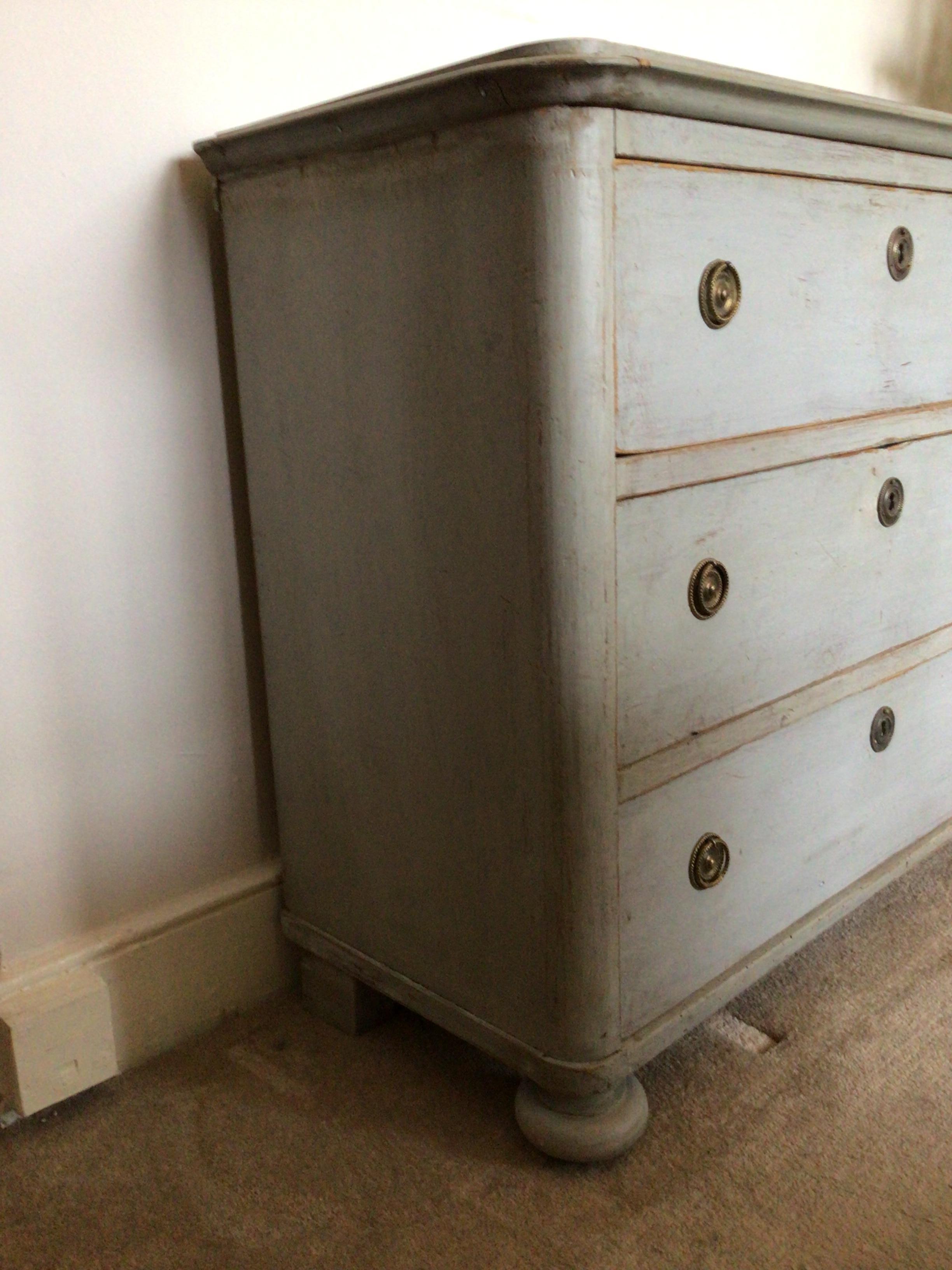 Gustavian Late circa 19th Century Three Drawer Light Blue Painted Swedish Chest of Drawers