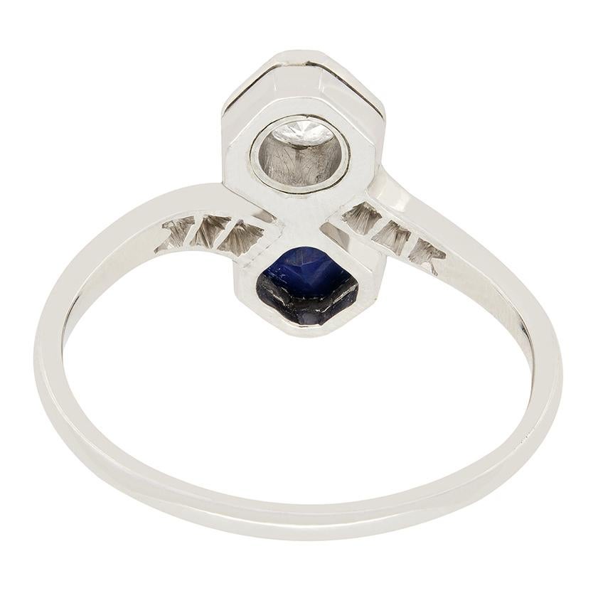 Old European Cut Late Deco 0.30ct Diamond and Sapphire Twist Ring, c.1920s For Sale