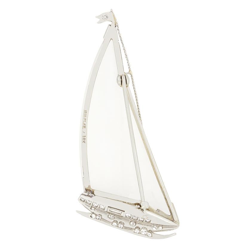 Baguette Cut Late Deco 0.37ct Diamond and Crystal Boat Brooch, c.1920s For Sale
