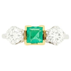 Late Deco 0.50ct Emerald and Diamond Three Stone Ring, c.1940s