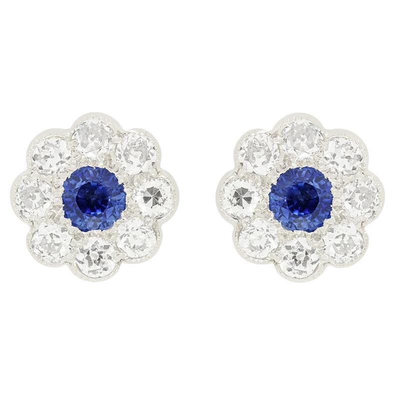 Late Deco 0.50ct Sapphire and Diamond Daisy Cluster Earrings, c.1940s