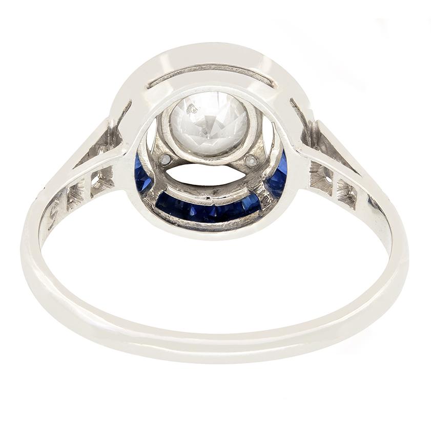 Old Mine Cut Late Deco 0.55 Carat Diamond and Sapphire Target Ring, c.1930s