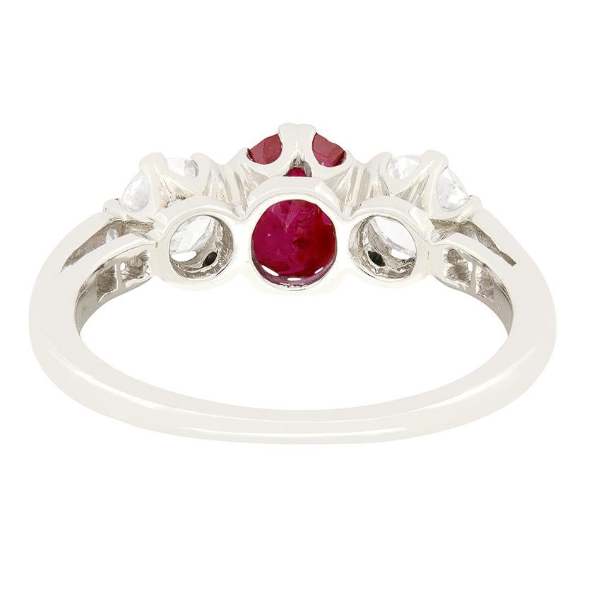 Oval Cut Late Deco 0.80ct Ruby and Diamond Three Stone Ring, c.1940s For Sale