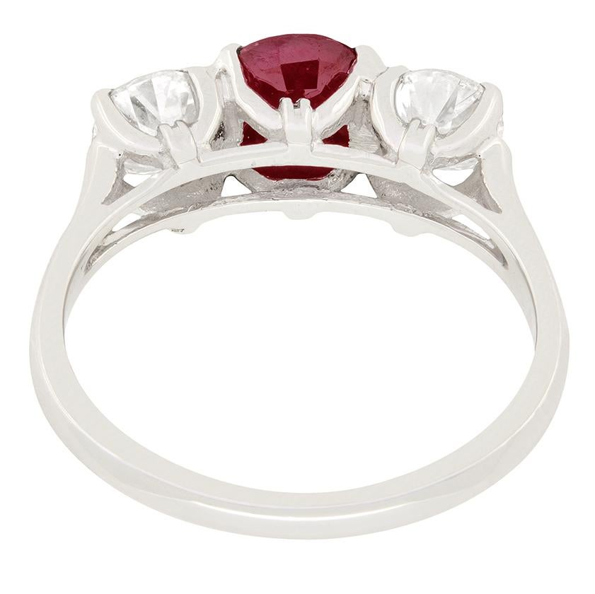 Cushion Cut Late Deco 0.85ct Ruby & Diamond Three Stone Ring, c.1940s