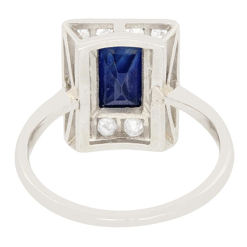Baguette Cut Late Deco 0.90ct Sapphire and Diamond Ring, c.1930s For Sale