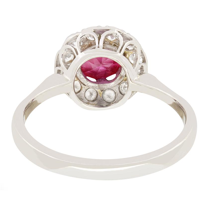 Old Mine Cut Late Deco 1.00ct Ruby and Diamond Halo Ring, c.1930s For Sale