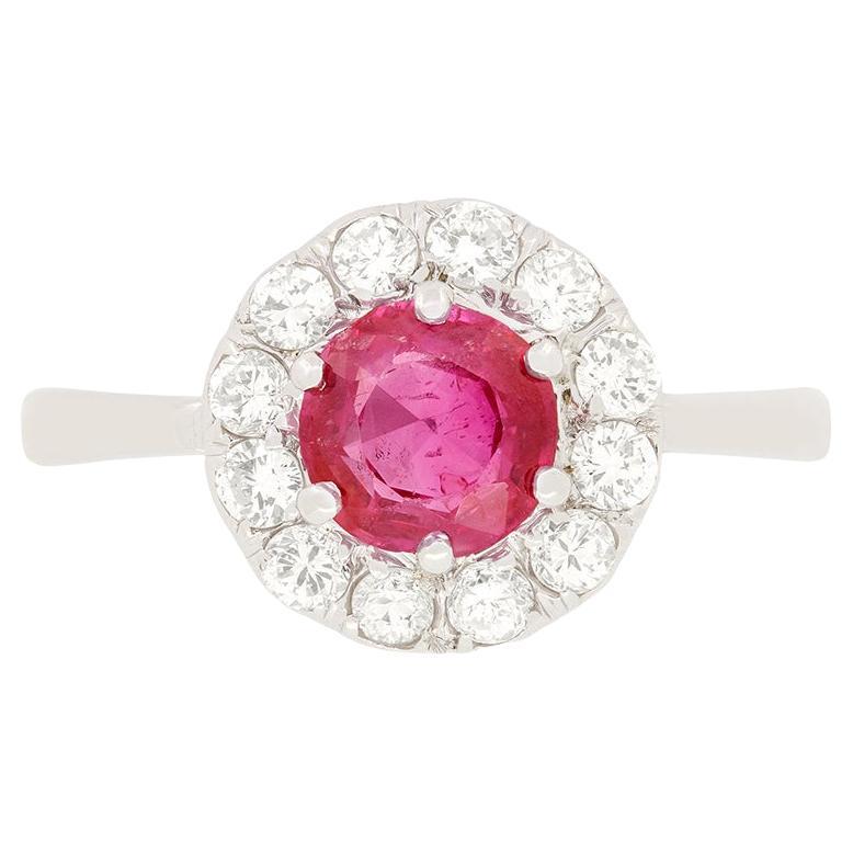 Late Deco 1.00ct Ruby and Diamond Halo Ring, c.1930s For Sale
