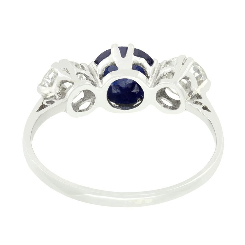 Old European Cut Late Deco 1.00ct Sapphire and Diamond Three Stone, c.1930s For Sale