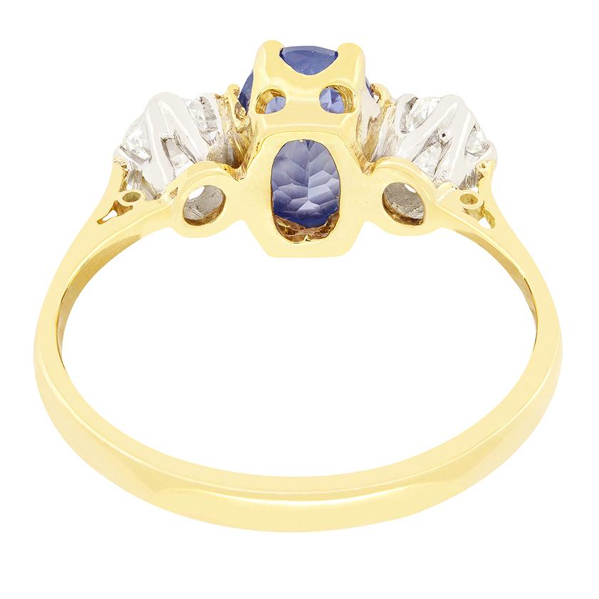 Oval Cut Late Deco 1.25ct Sapphire and Diamond Trilogy Ring, c.1940s