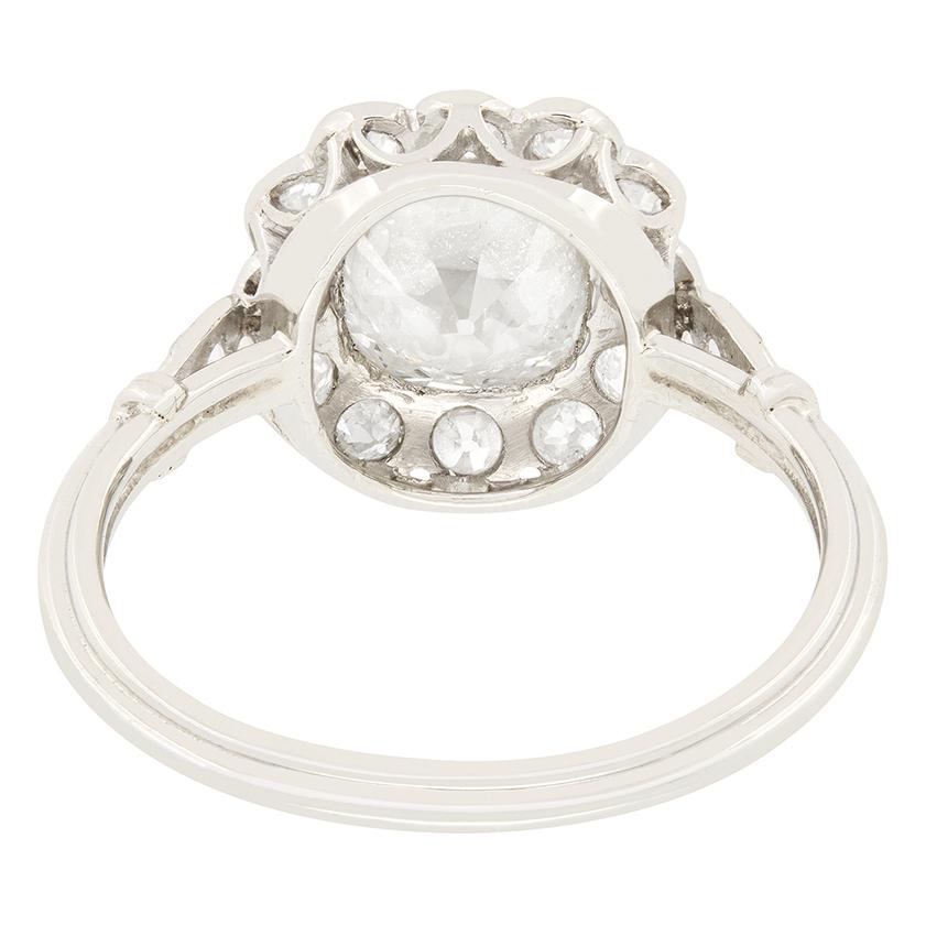 Antique Cushion Cut Late Deco 1.60ct Diamond Halo Ring, c.1930s For Sale
