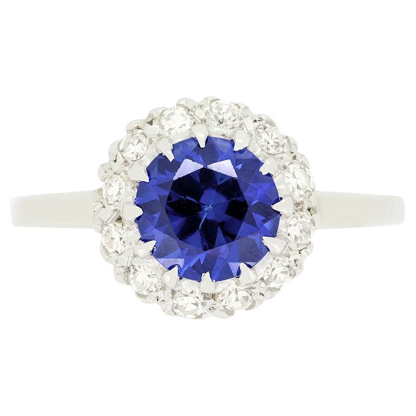 Late Deco 1.70ct Sapphire and Diamond Cluster Ring, c.1940s