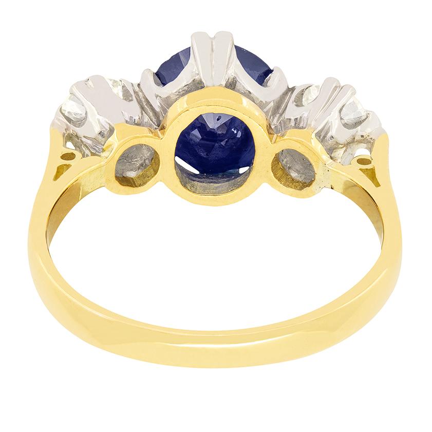Oval Cut Late Deco 1.70ct Sapphire and Diamond Trilogy Ring, c.1940s For Sale