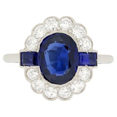 Vintage Late Deco 1.85 Carat Sapphire and Diamond Cluster Ring, circa 1930s