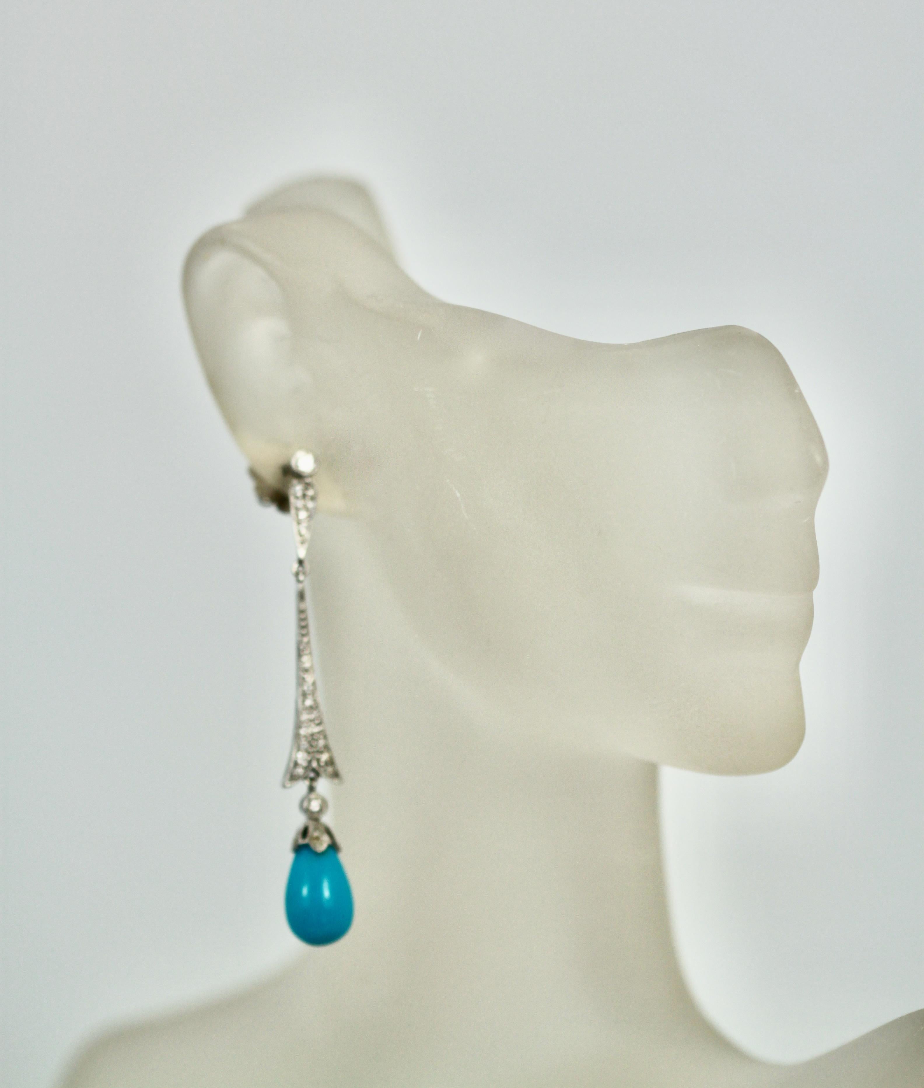 Round Cut 18 Karat Diamond Turquoise Drop Earrings