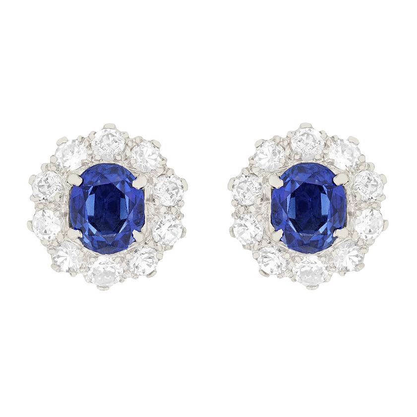 Oval Cut Late Deco 2.00ct Sapphire and Diamond Earrings, c.1930s For Sale