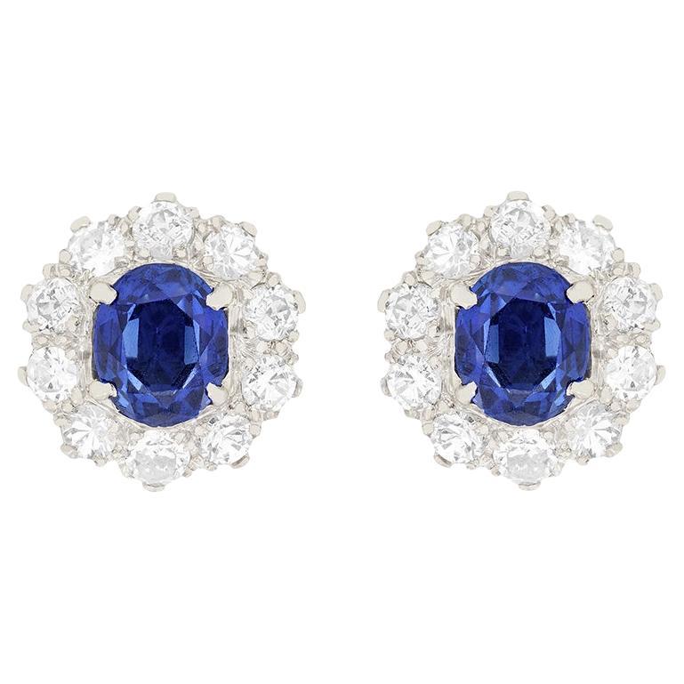 Late Deco 2.00ct Sapphire and Diamond Earrings, c.1930s For Sale