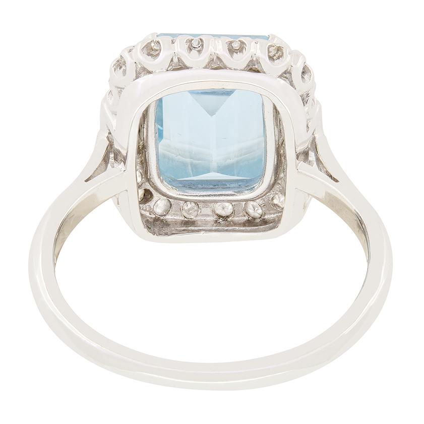 Emerald Cut Late Deco 3.20ct Aquamarine and Diamond Cluster Ring, c.1940s For Sale
