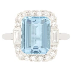 Late Deco 3.20ct Aquamarine and Diamond Cluster Ring, c.1940s
