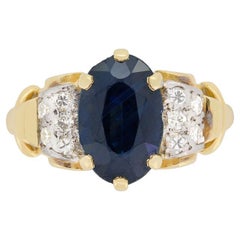 Anello a grappolo con zaffiro e diamante di 3,20 carati, tardo decò, anni '40 circa