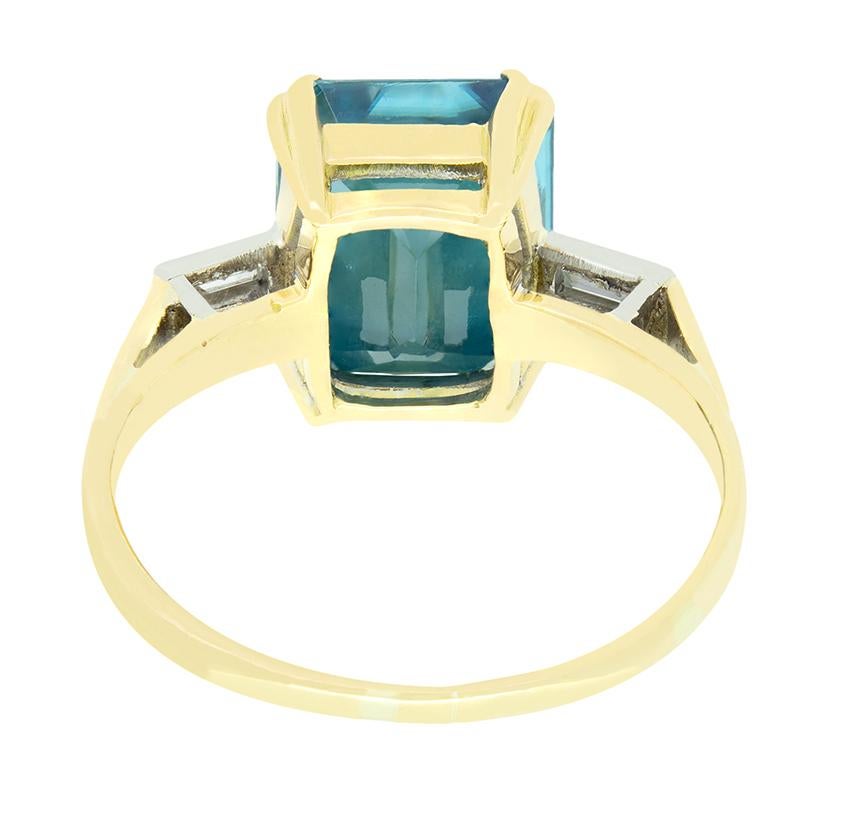 Emerald Cut Late Deco 5.00ct Blue Zircon and Diamond Ring, c.1930s For Sale