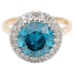 Vintage Late Deco 5.50 Carat Natural Blue Zircon Diamond Platinum 18 Karat Ring