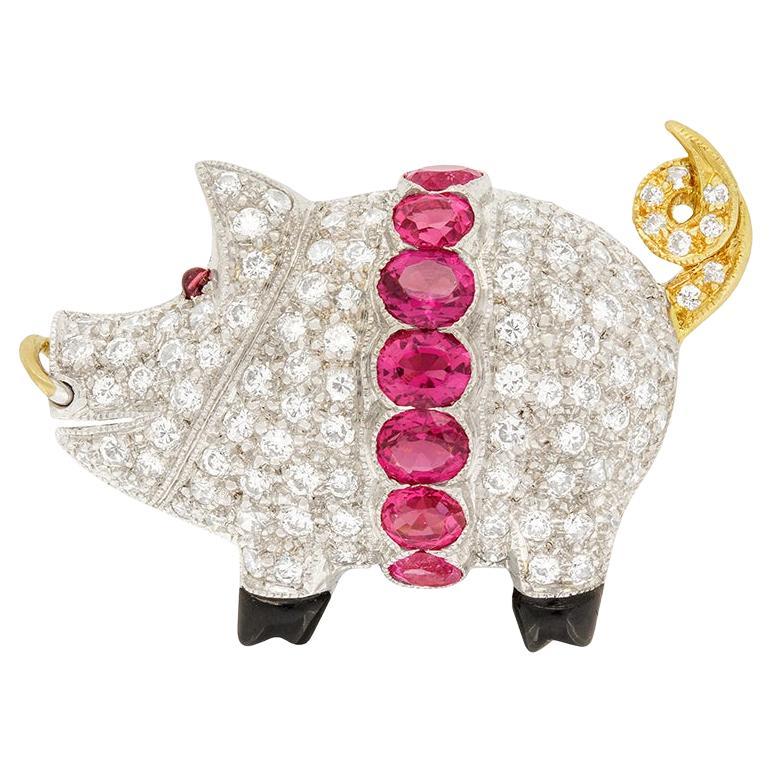 Late Deco Diamond and Pink Sapphire Piglet Brooch, c.1940s
