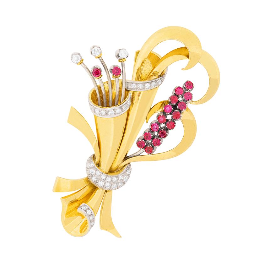 Art Deco Late Deco Diamond and Ruby Flower Brooch, circa 1940s For Sale