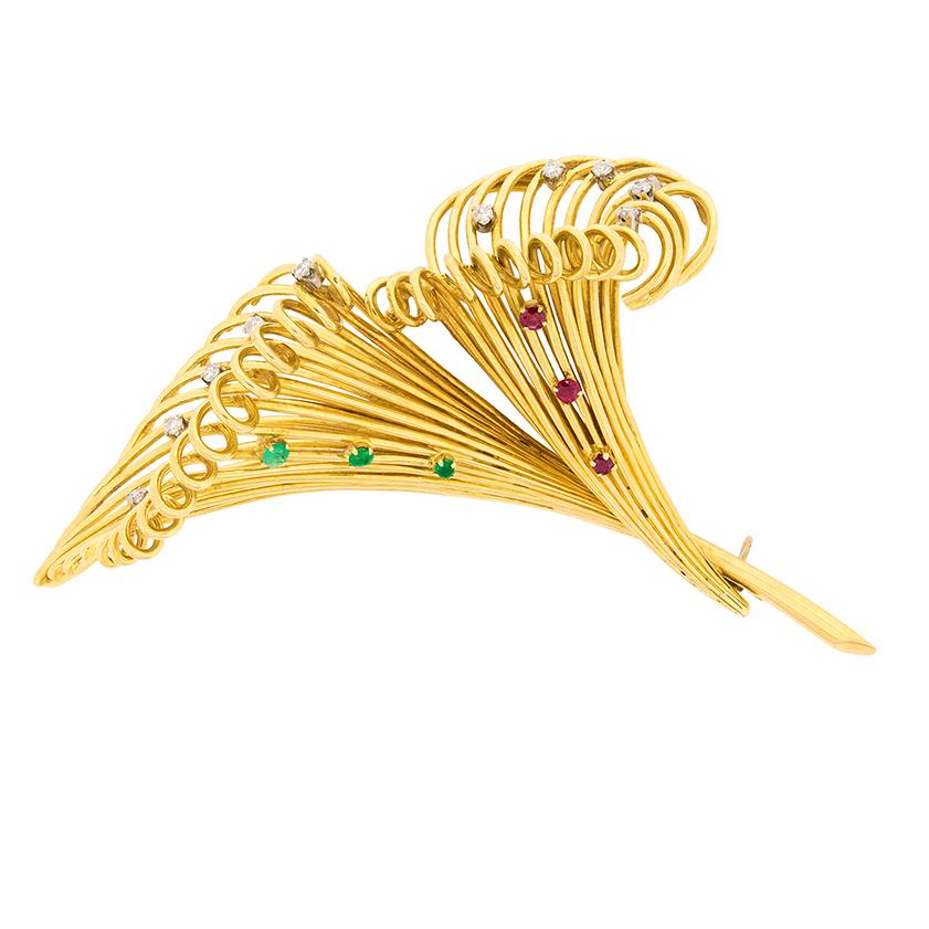 Round Cut Late Deco Diamond, Emerald and Ruby Lily Brooch, circa 1940s
