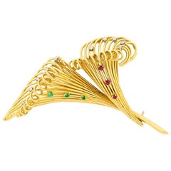 Late Deco Diamond, Emerald and Ruby Lily Brooch, circa 1940s