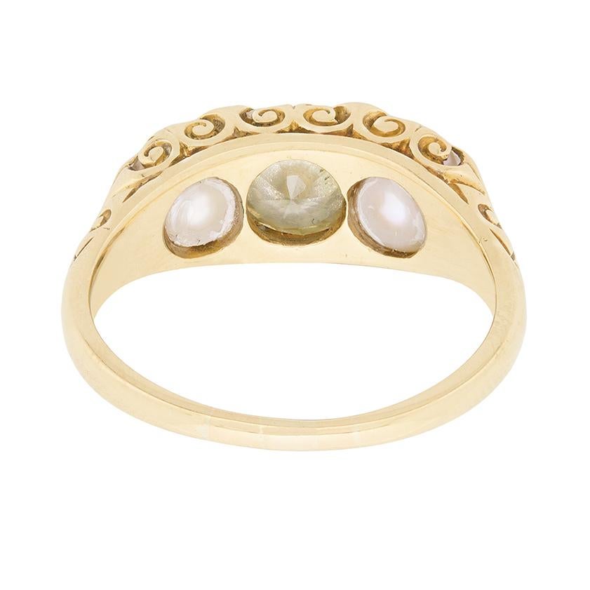 Round Cut Late Deco Fancy Yellow Diamond and Pearl Three-Stone Ring, circa 1940s For Sale