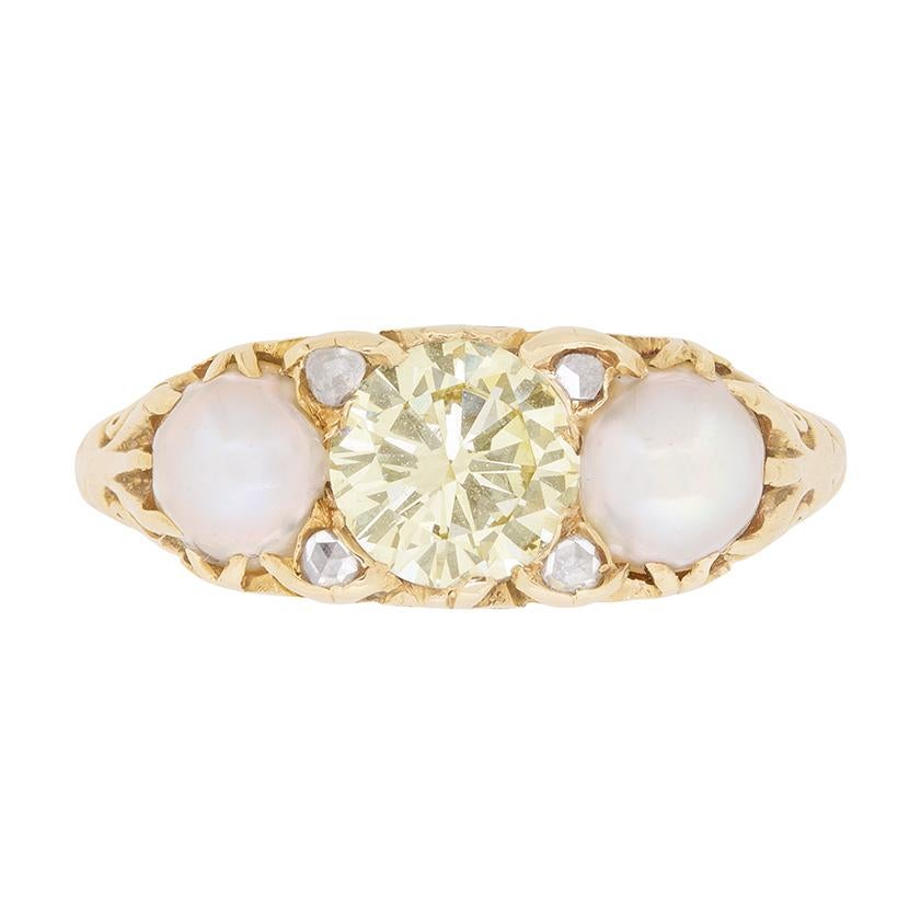 Late Deco Fancy Yellow Diamond and Pearl Three-Stone Ring, circa 1940s For Sale