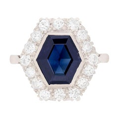 Late Deco Hexagonal Sapphire and Diamond Cluster Ring, circa 1930s