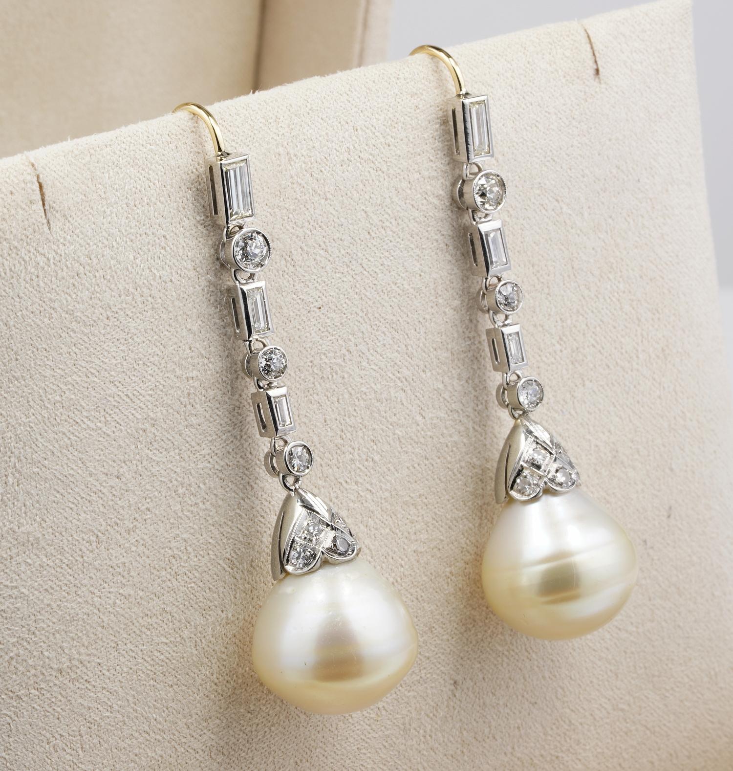 Art Deco Late Deco Jumbo Sized South Sea Pearl 3.0 Carat Diamond Pendant Earrings