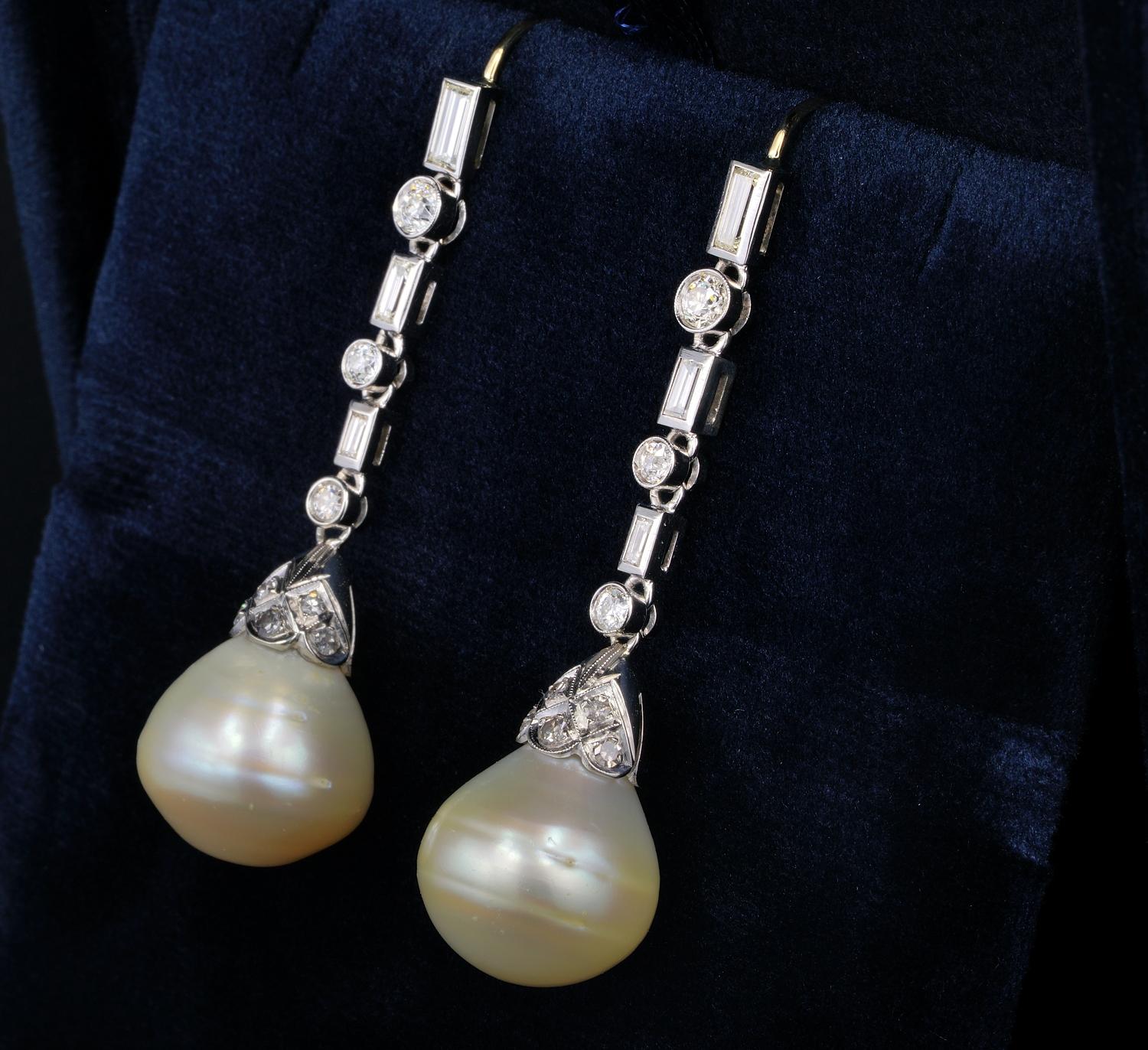 Late Deco Jumbo Sized South Sea Pearl 3.0 Carat Diamond Pendant Earrings 1