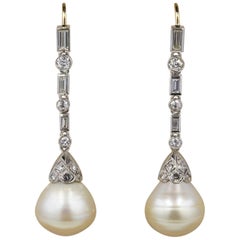 Late Deco Jumbo Sized South Sea Pearl 3.0 Carat Diamond Pendant Earrings