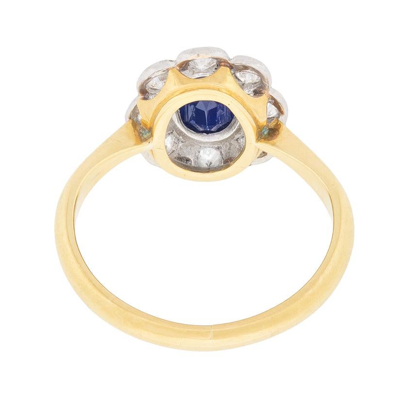 Art Deco Late Deco Sapphire and Diamond Cluster Ring, circa 1940s For Sale
