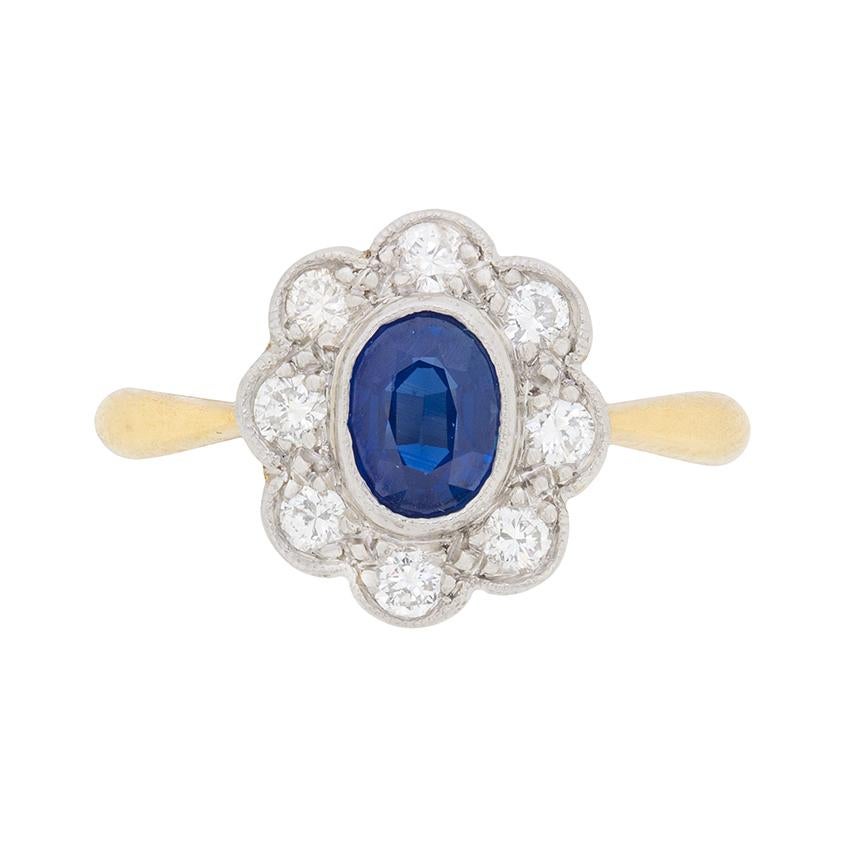 Late Deco Sapphire and Diamond Cluster Ring, circa 1940s For Sale