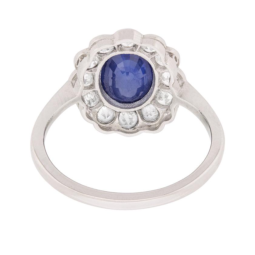 Late Deco Sapphire and Diamond Daisy Cluster Ring, circa 1940s In Excellent Condition In London, GB