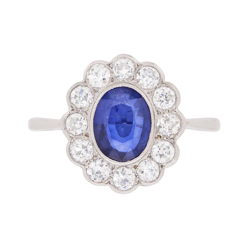 Late Deco Sapphire and Diamond Daisy Cluster Ring, circa 1940s