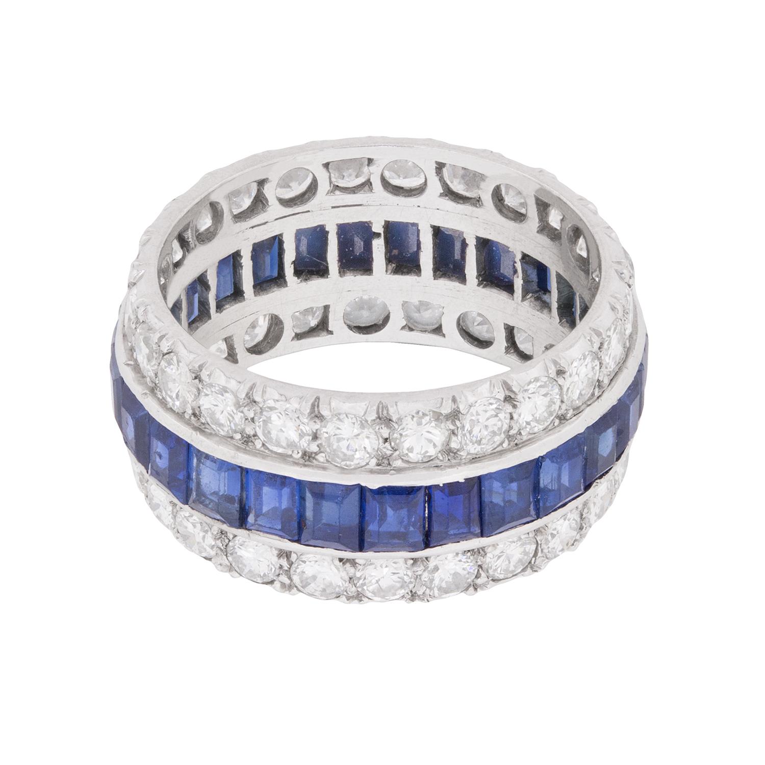 Baguette Cut Late Deco Sapphire and Diamond Eternity Ring, circa 1930s For Sale