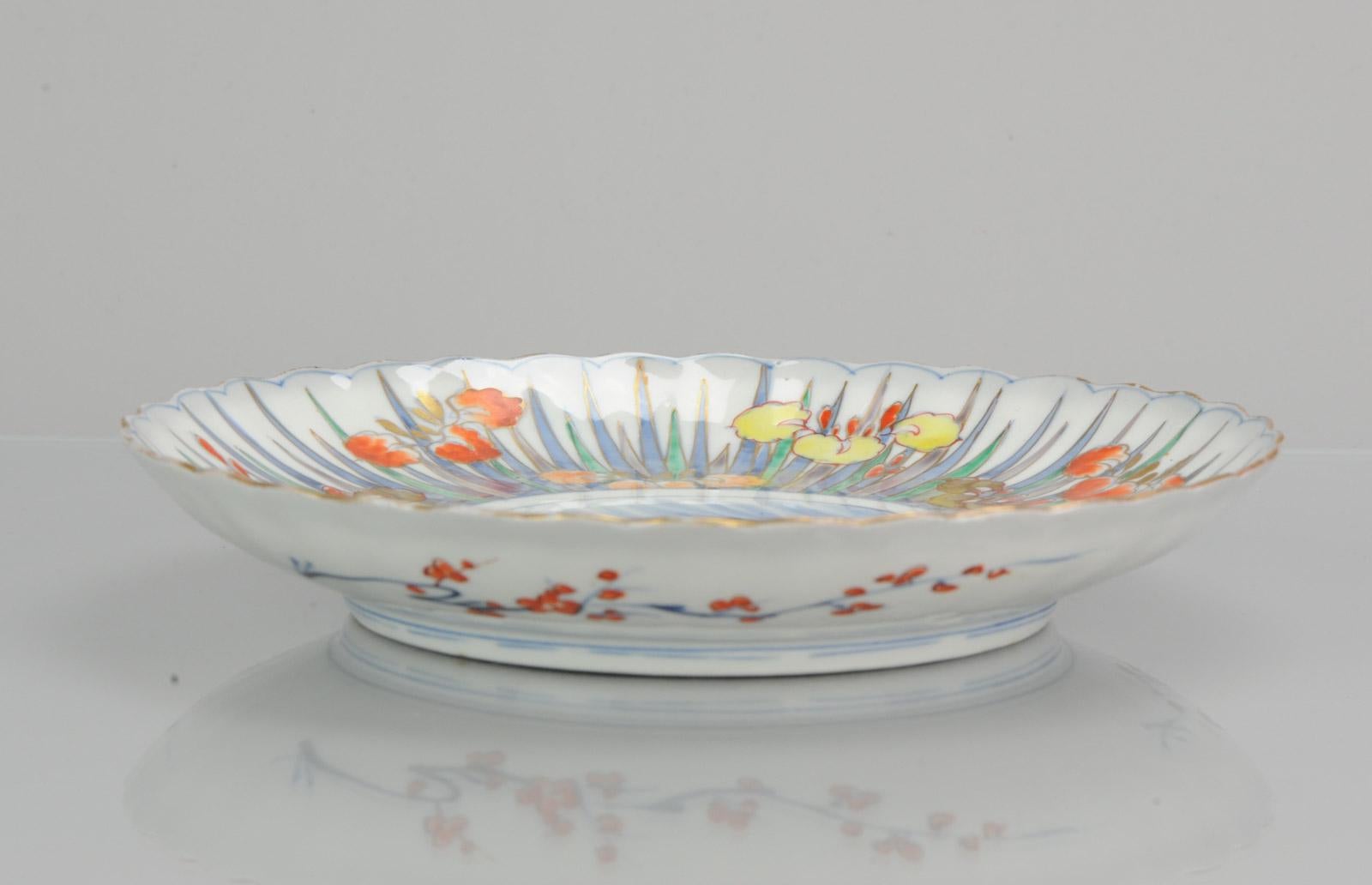 19th Century Late Edo period Japanese Porcelain Plate Colorful Plate Boats Flowers Mo For Sale